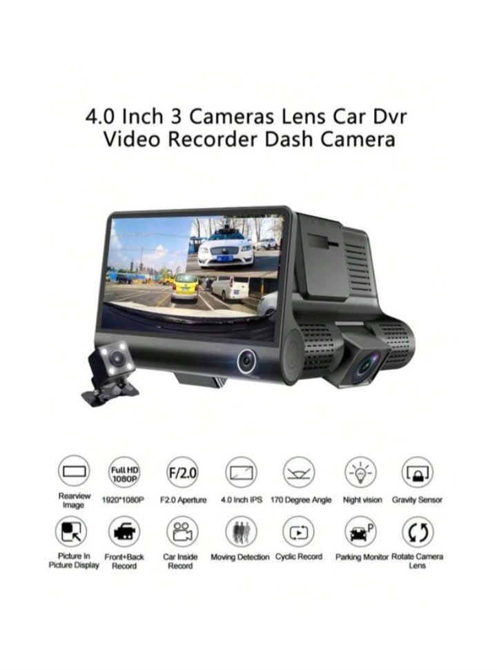 Full HD 1080P Triple Lens Car DashCam With Auto Video Recording - Black