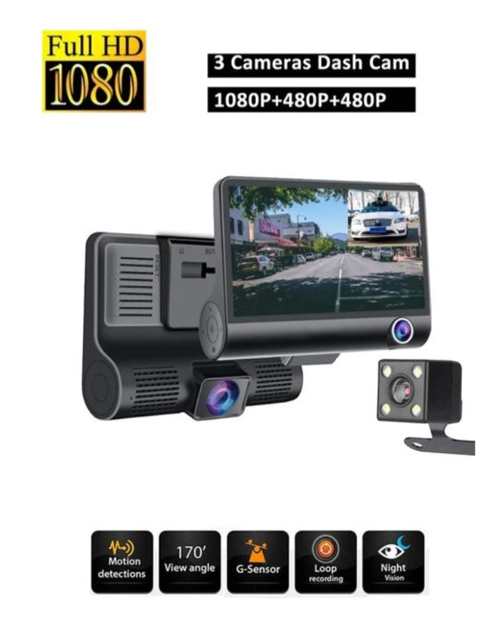 Full HD 1080P Triple Lens Car DashCam With Auto Video Recording - Black