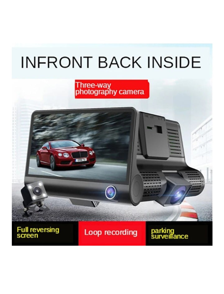 Full HD 1080P Triple Lens Car DashCam With Auto Video Recording - Black