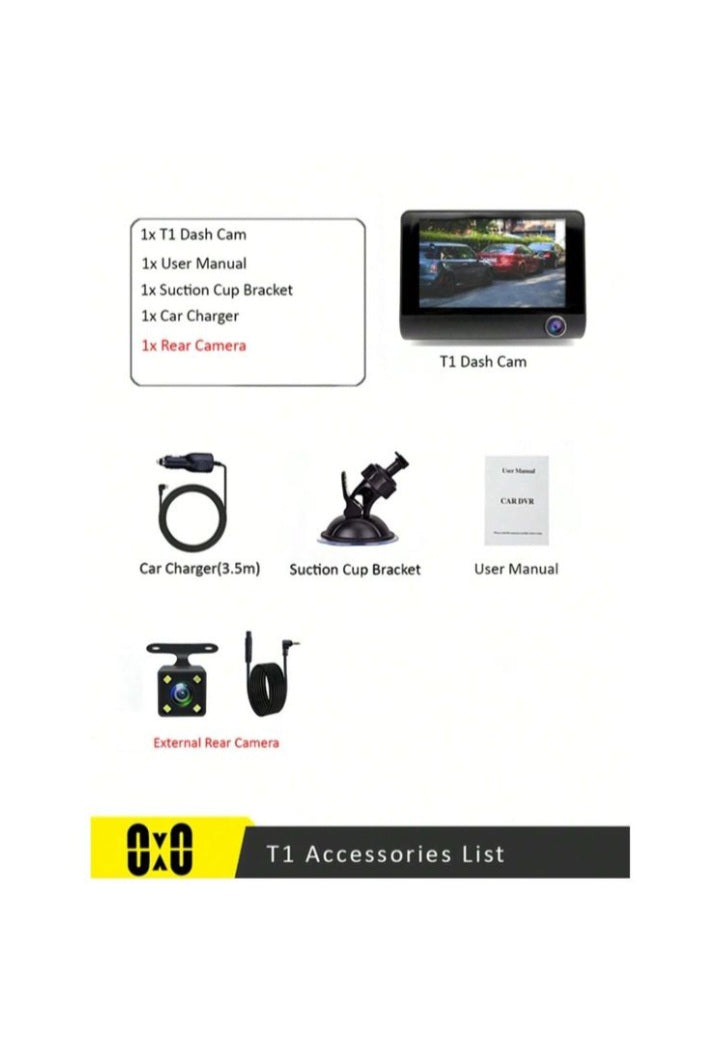 Full HD 1080P Triple Lens Car DashCam With Auto Video Recording - Black